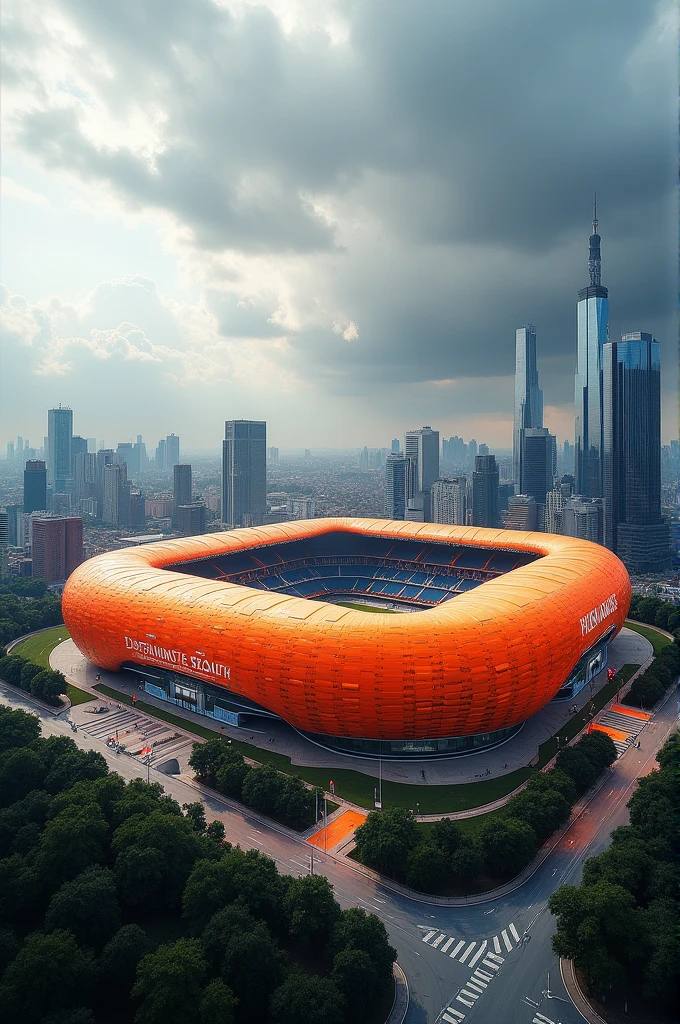 Futuristic design of a soccer stadium, orange color, in a modern city, cloudy weather, super realistic photo, high resolution