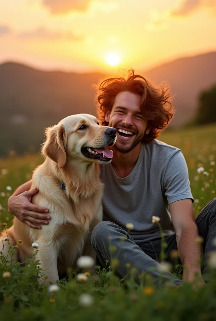 A realistic photo of a young man with his dog