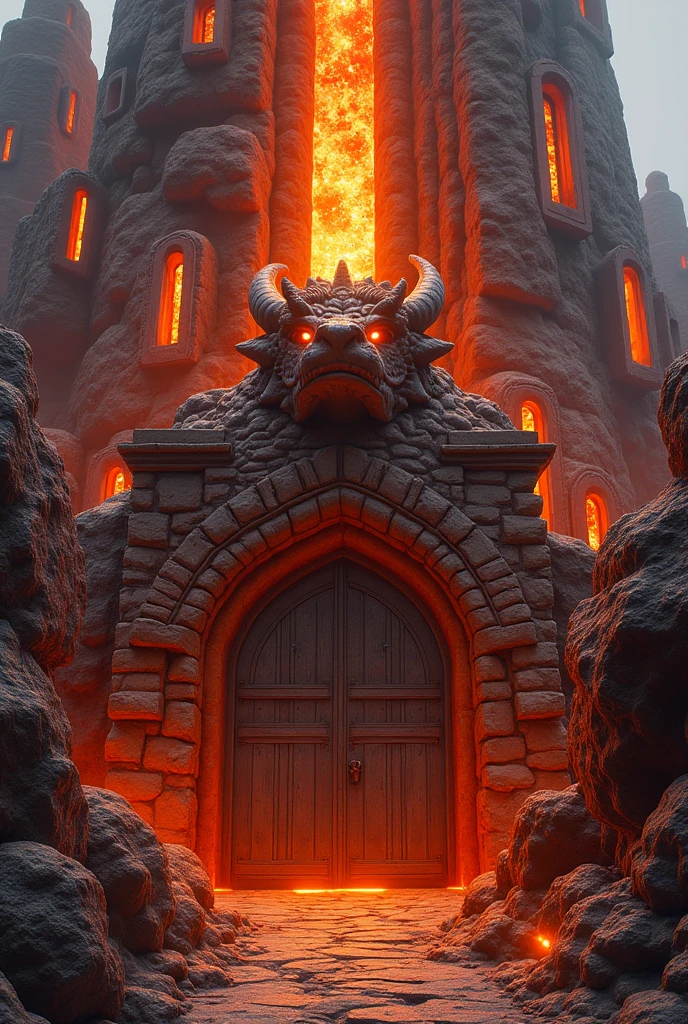 a tall tower made of magma-like rocks, reflecting shades of orange and red. a bridge passes the entrance, which passes over a rock formation with gaps that shine, there is a stone head of a dragon above the door, with glowing eyes, above the door the symbol of fire, the large dark wooden door . the tower has large windows and several floors, it is almost like a medieval castle.
