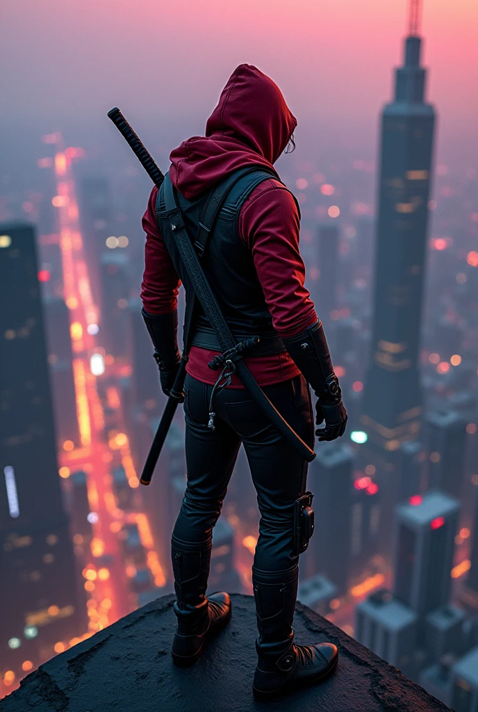 Assassin creast with a modern combatsuit, color is red with black Lind, back ground is on top of the highest building and hand is on the edge of the roof, katana sword on the back and on the hip with messy looking, and modern town or cyber town, suit is a metals and katan is the same size ad body, with looking mess.