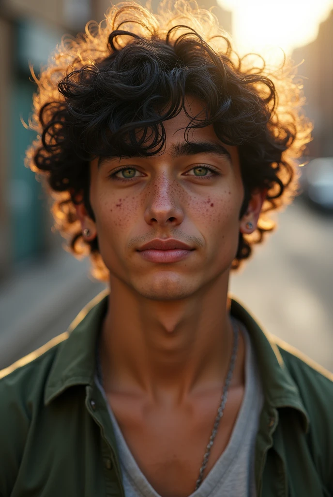 (Photorealism:1.2), A young man with black curly hair, he has dark green eyes like moss, one with freckles on his nose and a smile on his face. Simple clothes, thrown together in a haphazard way. He doesn't have a lot of muscle, but he has a well-defined body with a height of 1,69 with scars on his fists