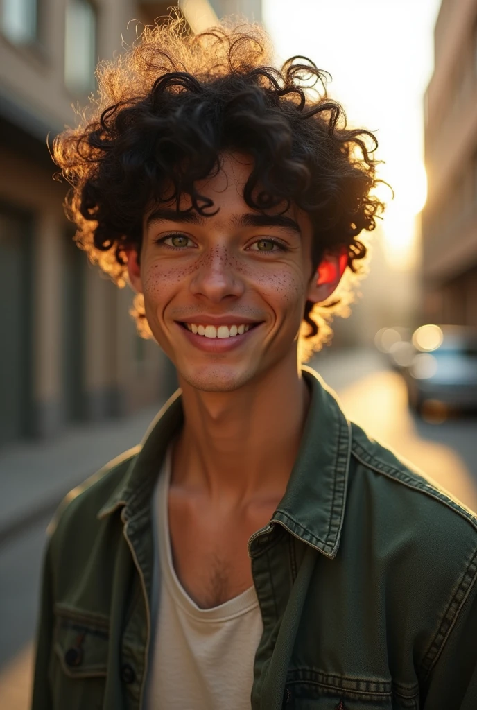(Photorealism:1.2), A young man with black curly hair, he has dark green eyes like moss, one with freckles on his nose and a smile on his face. Simple clothes, thrown together in a haphazard way. He doesn't have a lot of muscle, but he has a well-defined body with a height of 1,69 with scars on his fists