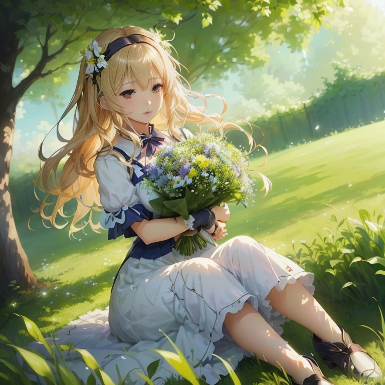 anime girl sitting in grass with flowers in hand, anime visual of a cute girl, marisa kirisame, in dress, smooth anime cg art, violet evergarden, cute anime waifu in a nice dress, rin, a maid in a magical forest, cushart krenz key art feminine, guweiz on pixiv artstation, splash art anime