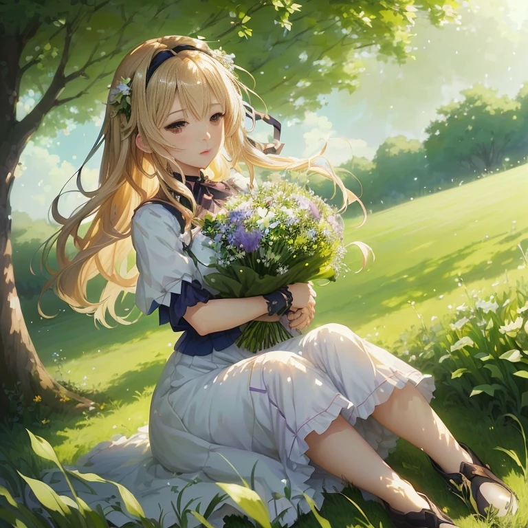 anime girl sitting in grass with flowers in hand, anime visual of a cute girl, marisa kirisame, in dress, smooth anime cg art, violet evergarden, cute anime waifu in a nice dress, rin, a maid in a magical forest, cushart krenz key art feminine, guweiz on pixiv artstation, splash art anime