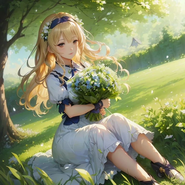 anime girl sitting in grass with flowers in hand, anime visual of a cute girl, marisa kirisame, in dress, smooth anime cg art, violet evergarden, cute anime waifu in a nice dress, rin, a maid in a magical forest, cushart krenz key art feminine, guweiz on pixiv artstation, splash art anime