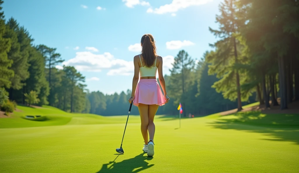 pretty asian female golfer, sexy body, short skirt golf wear, walk towards me, short skirt golf wear,
