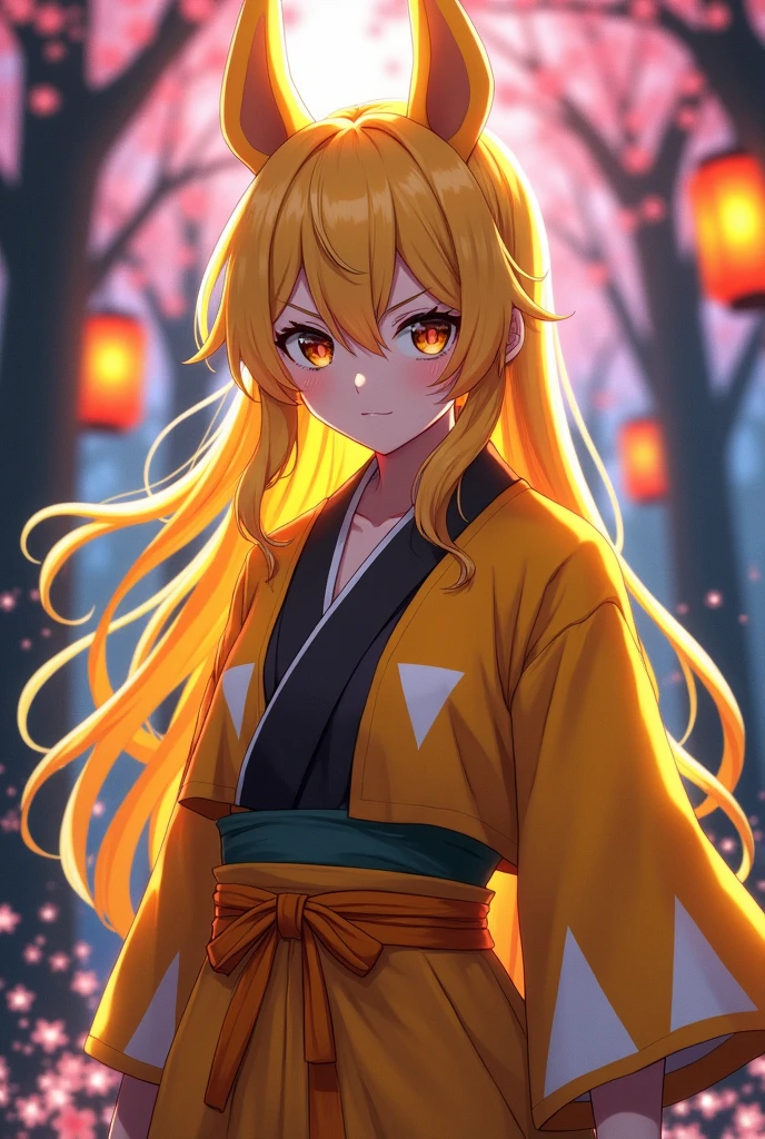 A woman with the anime style of Demon Slayer, Yellow hair, demon slayer uniform But with a yellow haori with white triangles