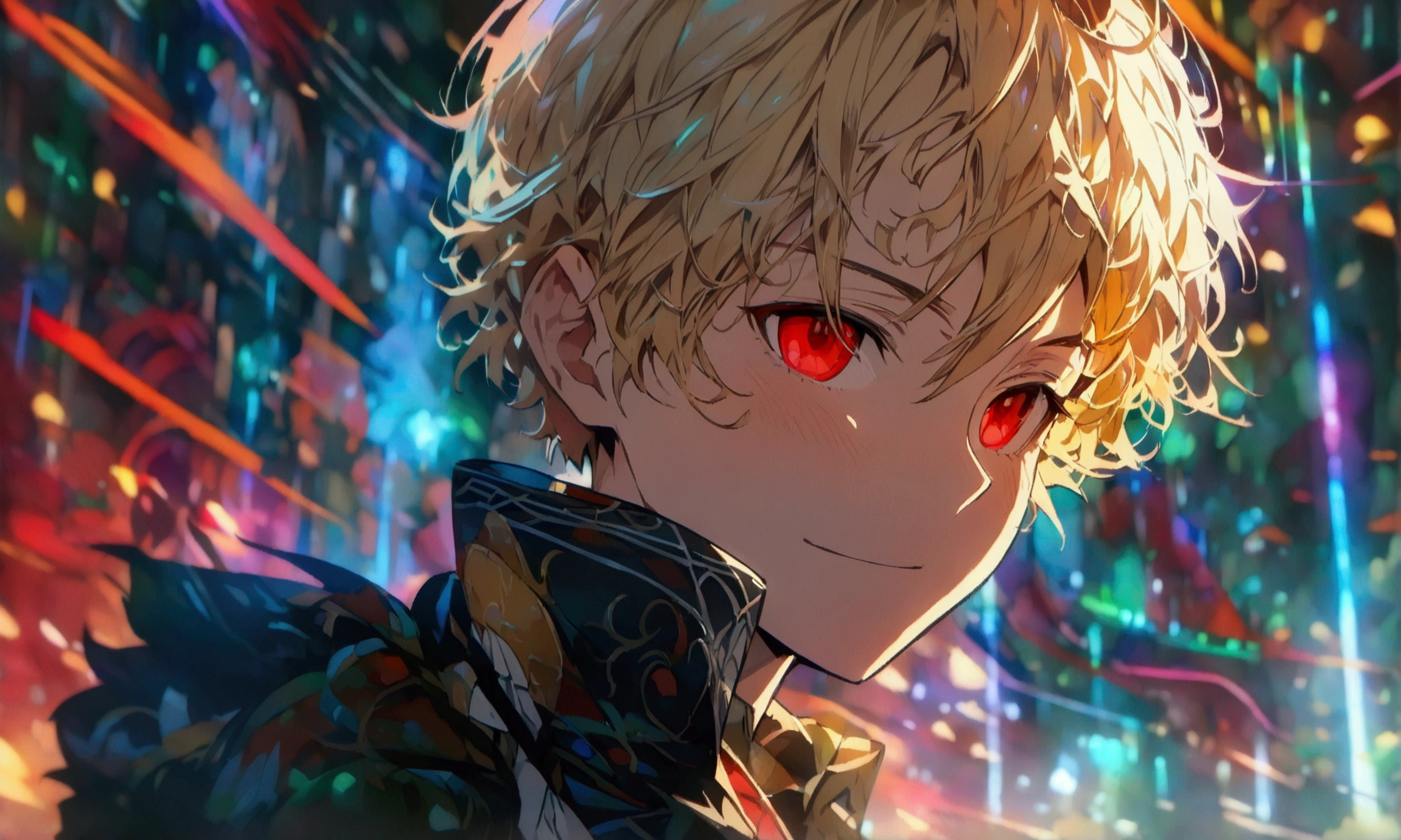  Boy, Blonde Hair, Red Eyes, Happy Expression on Face, Holding a Sleeve, Colorful Clothes, ((Intricate anime character design inspired by Ousama Ranking)), ((Stunning lighting)), ((Thin lines)), ((Stunning Focus)), ((Stunning Face)), ((Detailed Focus)), ((Detailed Background)), ((Ultra-thin 2D Design)), ((Creativity-filled Background)), ((Masterpiece 2D)), ((Best quality), ((8K)), ((Anime style))