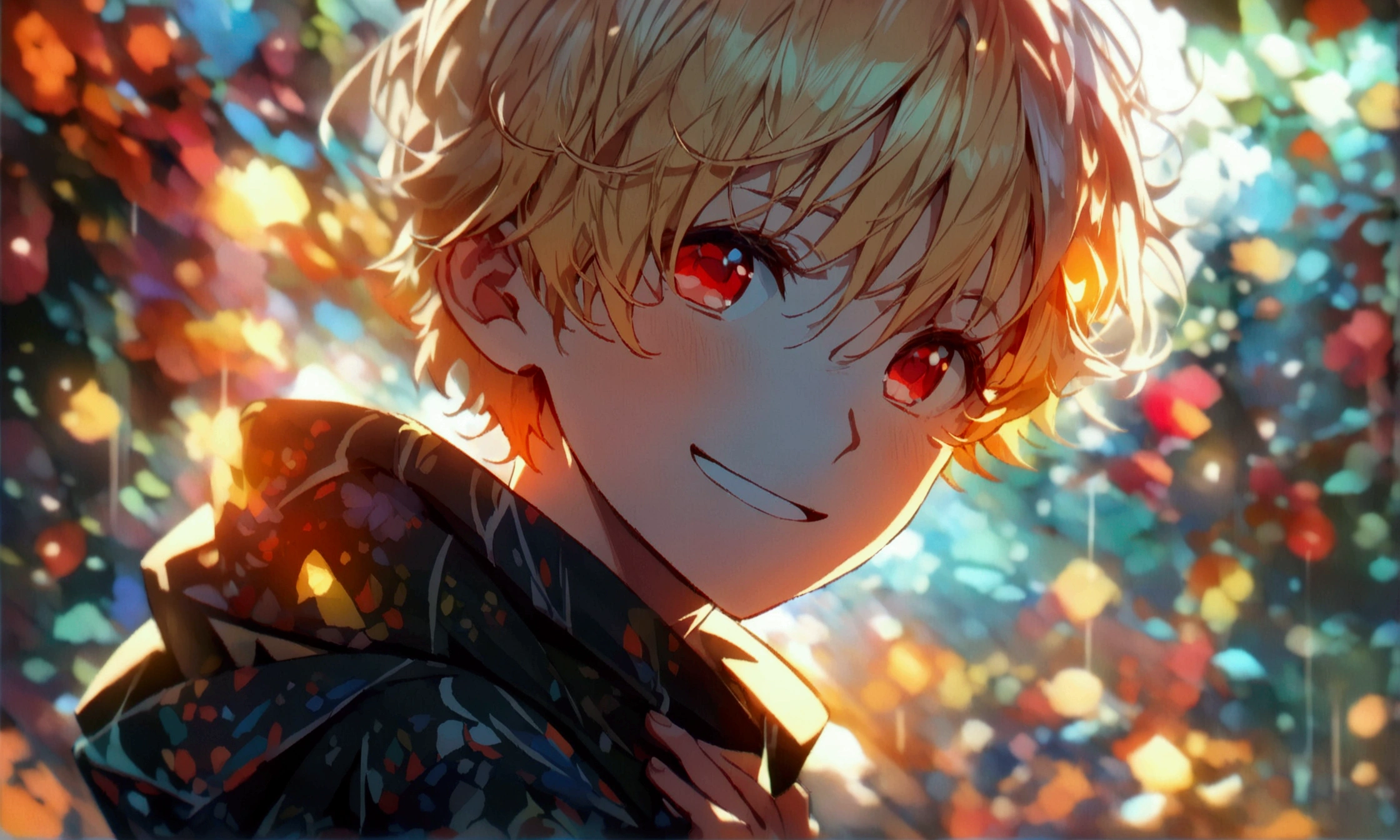  Boy, Blonde Hair, Red Eyes, Happy Expression on Face, Holding a Sleeve, Colorful Clothes, ((Intricate anime character design inspired by Ousama Ranking)), ((Stunning lighting)), ((Thin lines)), ((Stunning Focus)), ((Stunning Face)), ((Detailed Focus)), ((Detailed Background)), ((Ultra-thin 2D Design)), ((Creativity-filled Background)), ((Masterpiece 2D)), ((Best quality), ((8K)), ((Anime style))