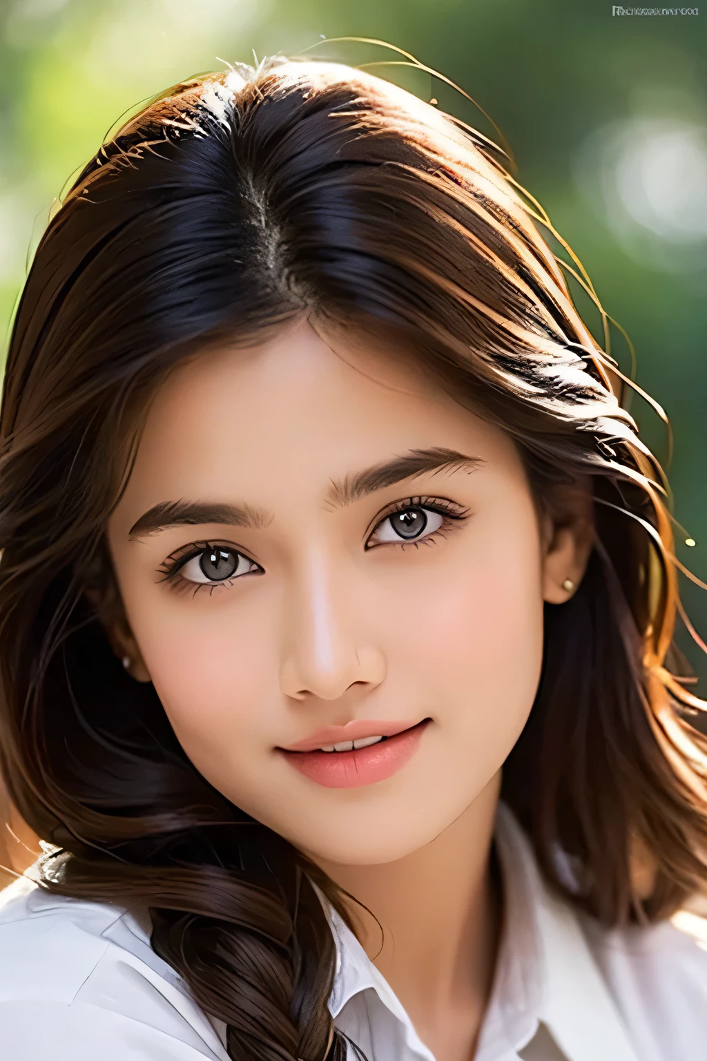 A stunning Indian girl, 18 years old, poses waist-up in an ultra-realistic digital art piece by Razumov and Volegov. She gazes off-camera with a soft, natural light illuminating her rosy cheeks and v-shaped face. Her smooth skin is adorned with long, ginger hair styled in a bang, framing her detailed features. The focus is on her fantastic face, showcasing her bright smile and sparkling eyes. The background is a subtle watercolor blend, reminiscent of Cameron Gray's art style. The image is rendered at 8k resolution, blending the boundaries between digital and traditional mediums.