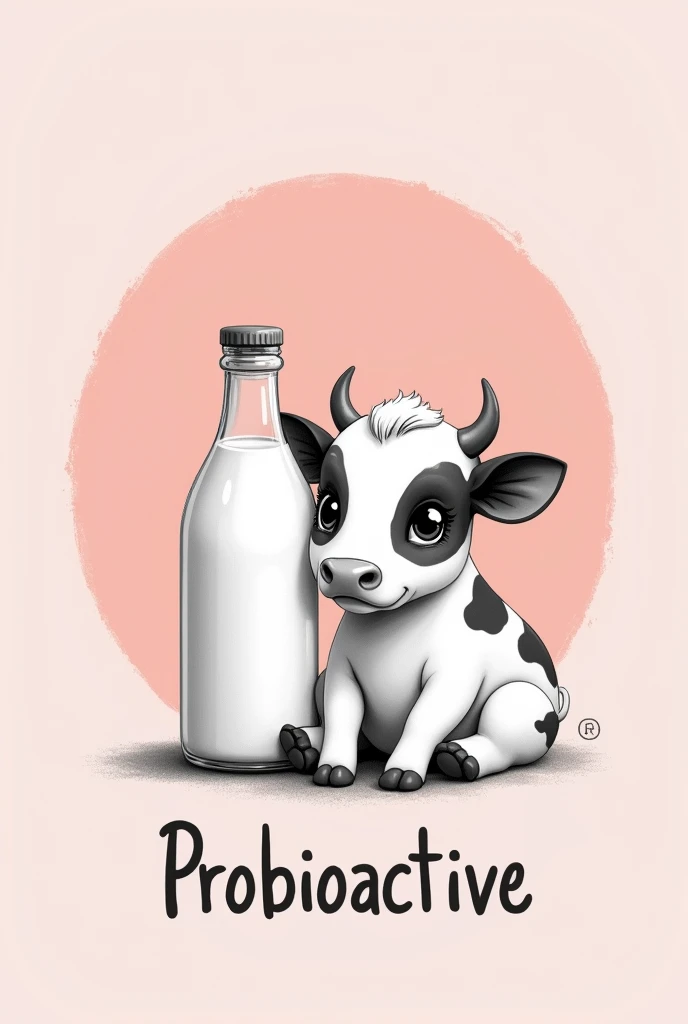 beautiful tender cow drawn in black and white with long eyelashes sitting with a bottle of milk with a pink background. The image should be round.
Below it should say Probioactive in italics