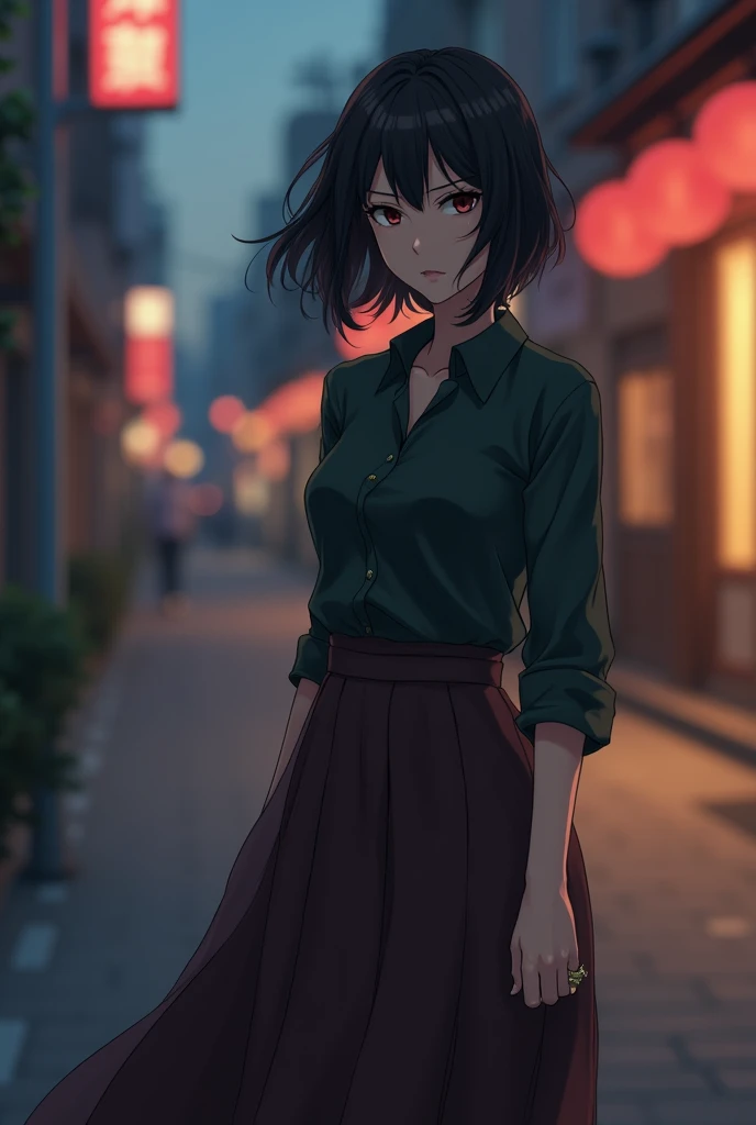 Adult woman, not smiling, serious face, beautiful, beautiful body, very short like a guy's black styled hair, black eyes, dark green shirt, dark brown long skirt, anime art, masterpiece, realistically, anime art, masterpiece, realistically