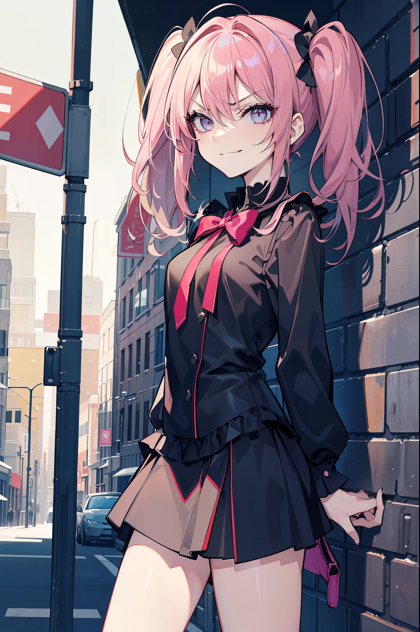 (best quality:1.2), (highest quality:1.2), (perfection:1.1), (flawless:1.1), urban street, 1girl, crazy girl, (serious look, dark look, disgusted look:1.2), (evil smirk:1.1), short height, blouse, short skirt, twin tails hair, small breasts, (best quality eyes:1.1), highly detailed, 8k, best quality resolution, (most beautiful upscale:1.1)