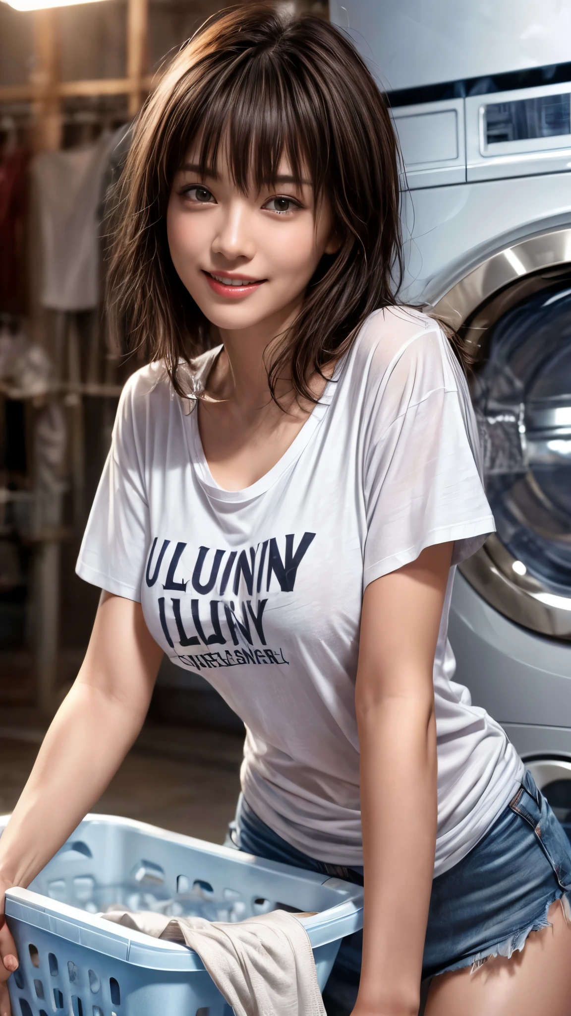 ((smile))、Cowboy Shot、1 person,((Very thin T-shirt))、(((Oversized T-shirt)))、((((Coin laundry)))),((hairs between eyes))、(Nipples are visible)、medium wavy hair、(((blunt bangs)))、((Big Breasts))、Very beautiful woman、Slender women、(Detailed face)、Realistic Skin、((Delicate photo)),(Girl Masterpiece RAW Photo Details:1.25), (Highest quality:1.6), (Ultra-high resolution:1.5), (Realistic:1.75),8k resolution, ,50mm,Absurd, Ultra-detailed,Cinema Lighting、
