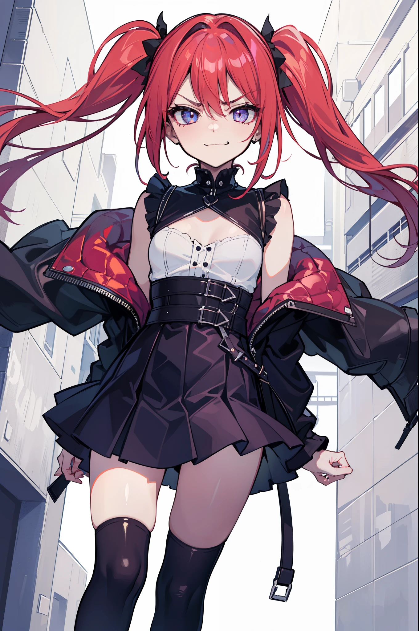 (best quality:1.2), (highest quality:1.2), (perfection:1.1), (flawless:1.1), urban street, 1girl, crazy girl, (serious look, dark look, disgusted look:1.2), (evil smirk:1.1), short height, blouse, short skirt, twin tails hair, small breasts, (best quality eyes:1.1), highly detailed, 8k, best quality resolution, (most beautiful upscale:1.1)