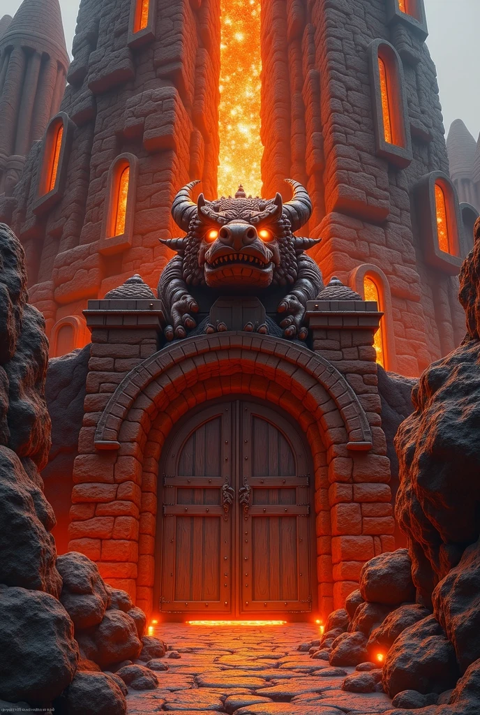 a tall tower made of magma-like rocks, reflecting shades of orange and red. a bridge passes the entrance, which passes over a rock formation with gaps that shine, there is a stone head of a dragon above the door, with glowing eyes, above the door the symbol of fire, the large dark wooden door . the tower has large windows and several floors, it is almost like a medieval castle.