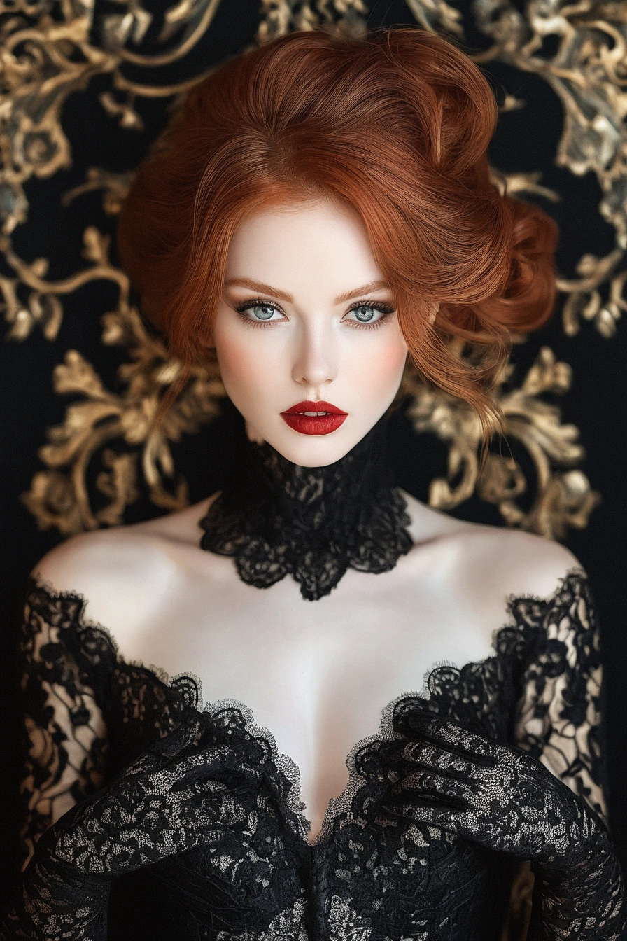 there is a woman with red hair and a black dress, elegant lady with alabaster skin, inspired by Hedi Xandt, dressed in black lace, elegant fashion model, intricate wlop, porcelain pale skin, beautiful redhead woman, digital art of an elegant, karol bak uhd, elegant portrait, gorgeous woman, black elegant hair