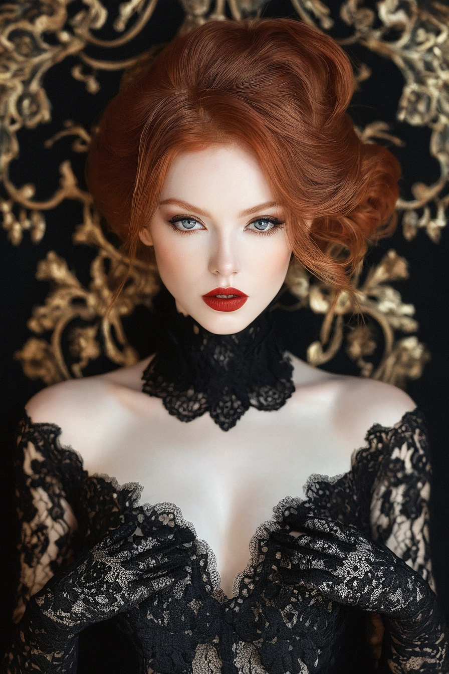 there is a woman with red hair and a black dress, elegant lady with alabaster skin, inspired by Hedi Xandt, dressed in black lace, elegant fashion model, intricate wlop, porcelain pale skin, beautiful redhead woman, digital art of an elegant, karol bak uhd, elegant portrait, gorgeous woman, black elegant hair
