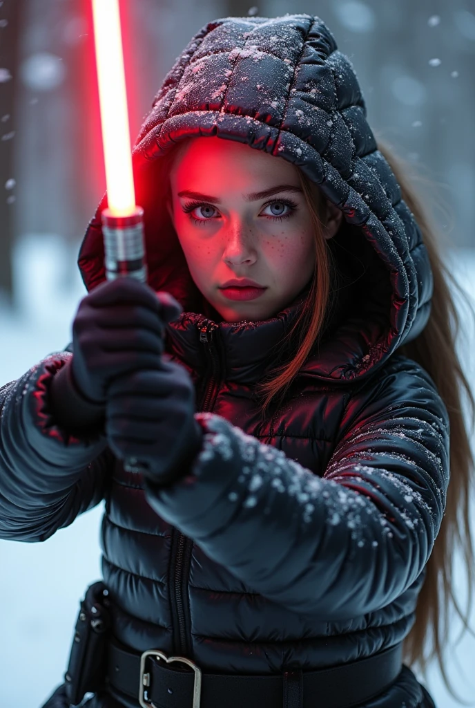  a slim ponytail  sith wielding her bright lightsaber fighting a slim jedi in the snow,beautiful detailed eyes,beautiful freckles,beautiful detailed lips,extremely detailed eyes and face,longeyelashes, wearing beautiful detailed skintight airtight hood covering her head formfitting duvetica overfilled shiny super gleamy  thick glossy puffervest covering over her  padded high-collared pufferjacket, glossy latex  leggings,symmetrical,masterpiece,cinematic,lifelike,hyperrealistic,8k,photorealistic,highly detailed,intricate,exquisite,elegant,beautiful,stunning