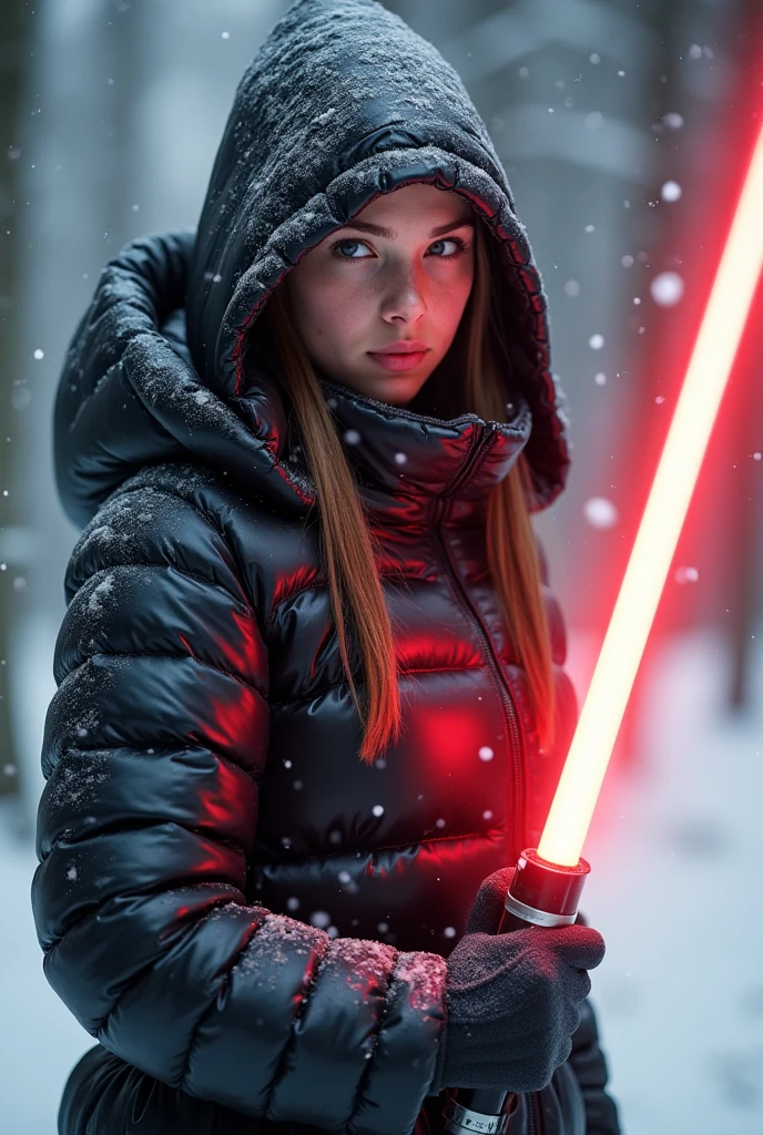 a slim ponytail 16 year old sith wielding her bright lightsaber fighting a slim jedi in the snow,beautiful detailed eyes,beautiful freckles,beautiful detailed lips,extremely detailed eyes and face,longeyelashes, wearing beautiful detailed skintight airtight hood covering her head formfitting duvetica overfilled shiny super gleamy thick glossy puffervest covering over her padded high-collared pufferjacket, glossy latex leggings,symmetrical,masterpiece,cinematic,lifelike,hyperrealistic,8k,photorealistic,highly detailed,intricate,exquisite,elegant,beautiful,stunning