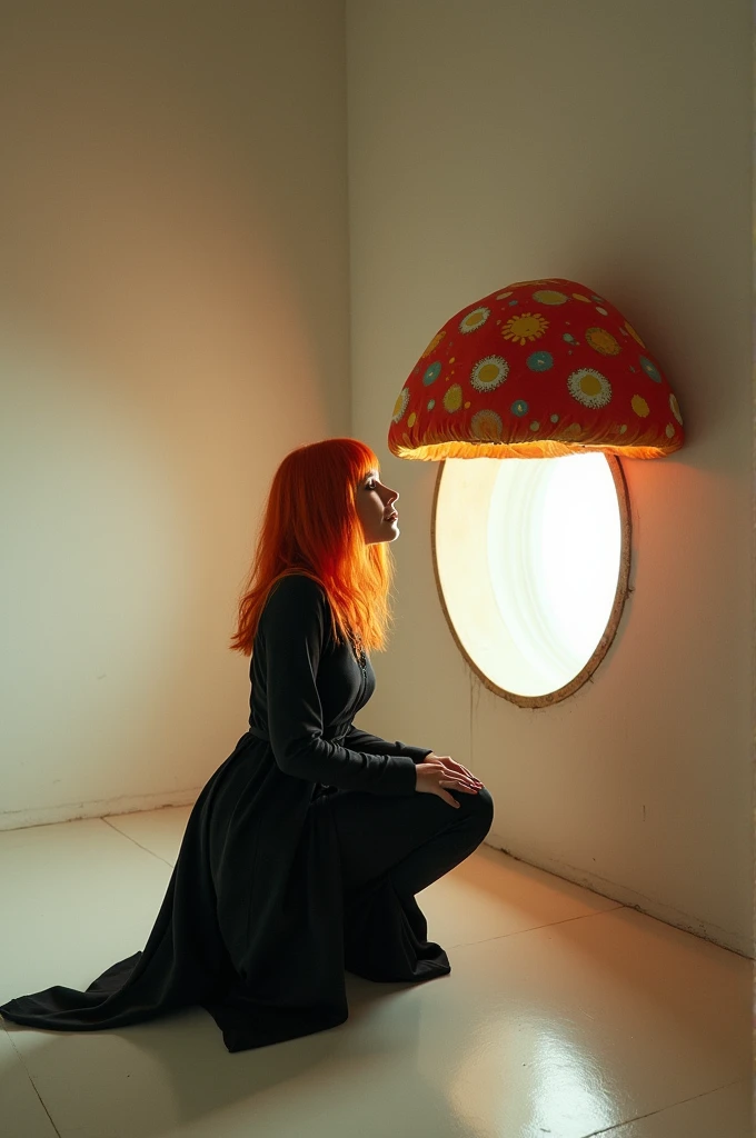 In an empty room, a woman wearing a black Leelu Dallas costume kneels down happily staring at a round hole in the wall. A large mushroom is sticking through the hole.