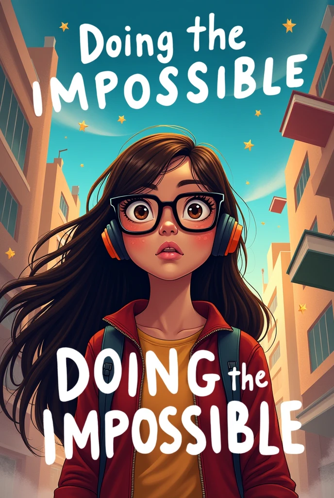 Create a written book cover "doing the impossible" with a long-haired brunette age girl, wearing square black glasses, with dark brown eyes shining with headphones and a few pimples on his face