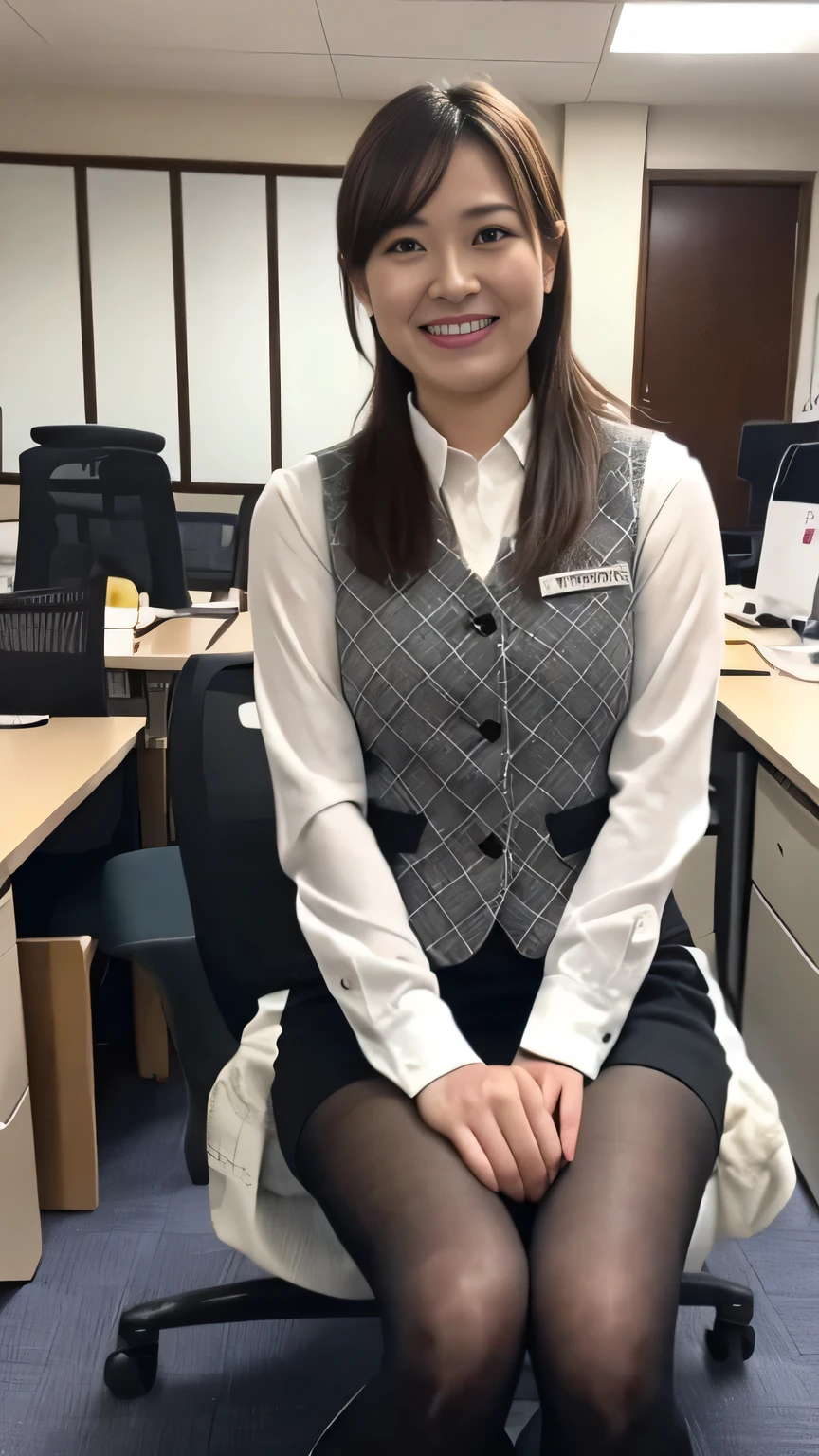 Highest quality、8k、masterpiece、Ultra-high resolution、Clear photos、Professional Lighting、Natural light、Realistic,、Highly detailed skin、Perfect Anatomy、One Woman、 25、Bab8、Large Breasts、Glamour、Bob Hair、Brown Hair、Beautiful Hair、smile、((Office Uniforms))、((Checked office vest:1.2))、((Black tight mini skirt:1.2))、((Perfect Pantyhose:1.2))、((Black Pantyhose))、blue sky、at the park、(((Sit with your legs wide apart:1.5)))、(((Put your hands behind your back:1.5)))