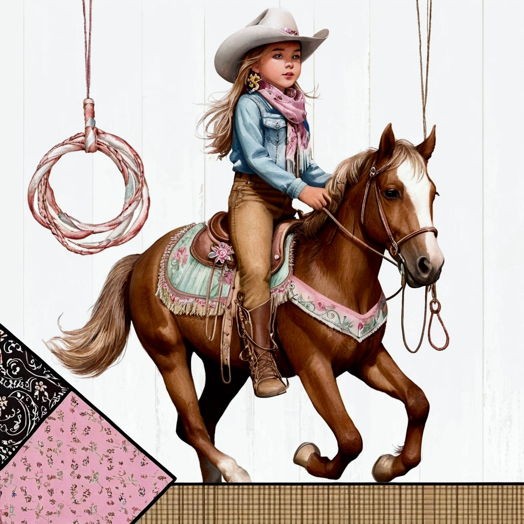 To create a child dressed in black cowgirl attire, with fringe clothes, medium hair, wavy and dark blond and hat, Ana Castela style, on top of a horse spinning a lasso