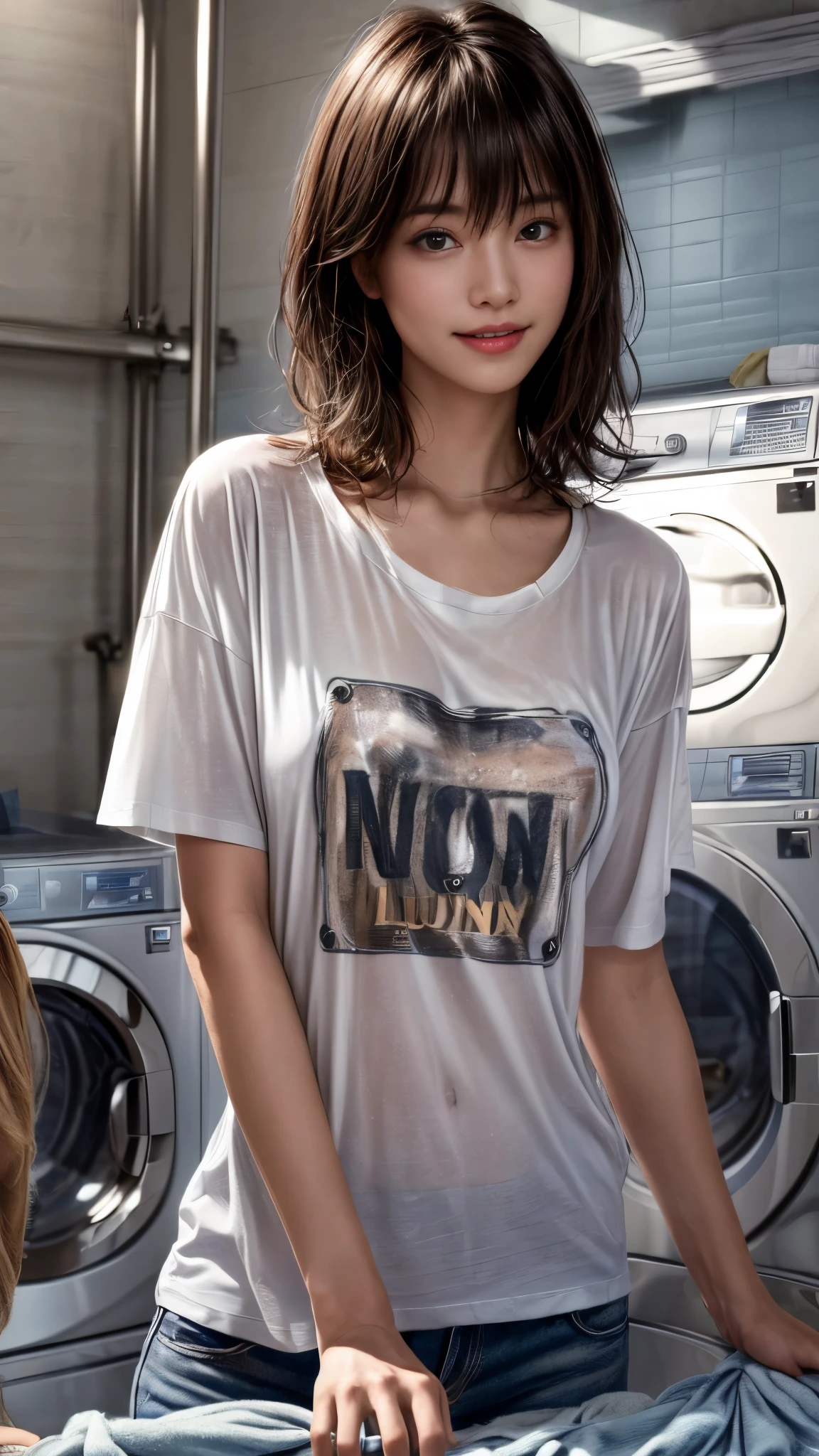 ((smile))、Cowboy Shot、1 person,((Very thin T-shirt))、(((Oversized Printed T-Shirt)))、((((Coin laundry)))),((hairs between eyes))、(Nipples are visible)、medium wavy hair、(((blunt bangs)))、((Big Breasts))、Very beautiful woman、Slender women、(Detailed face)、Realistic Skin、((Delicate photo)),(Girl Masterpiece RAW Photo Details:1.25), (Highest quality:1.6), (Ultra-high resolution:1.5), (Realistic:1.75),8k resolution, ,50mm,Absurd, Ultra-detailed,Cinema Lighting、
