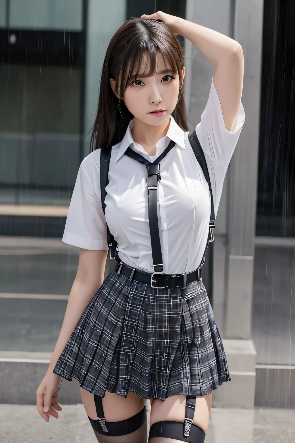 1 female, , high quality, masterpiece, Ultra-high resolution, Cinema Lighting, 1 female, , high quality, masterpiece, Ultra-high resolution, , Cinema Lighting, suspenders Moderate breasts Small face Looking up Sweat Thin belt buzzer 脇Sweat garter belt Belt on pants holster Hands behind your back Looking up Anxious face Knee-high Knee socks Knee-highソックス garter ふとももにgarter belt Checkered mini skirt Panty shot Skirt gap Armament holster holster Hands behind your back Anxious expression Anxious face, legs apart Armament Leg Holster holster See-through clothing heavy rain Rain-soaked dress shirt,Moderate breasts ガーターbelt suspenders Garter on the thigh Checkered mini skirt Looking up Pause belt Armpit sweat Hands behind back Raise your hands