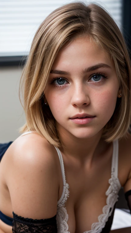 ((Ultra Detail)), Beautiful Art, 18 yo blonde teen girl . Full lips. Eyes wide.  ((Very short hair)), uhd, high details, best quality, goddess, , Garter stockings
