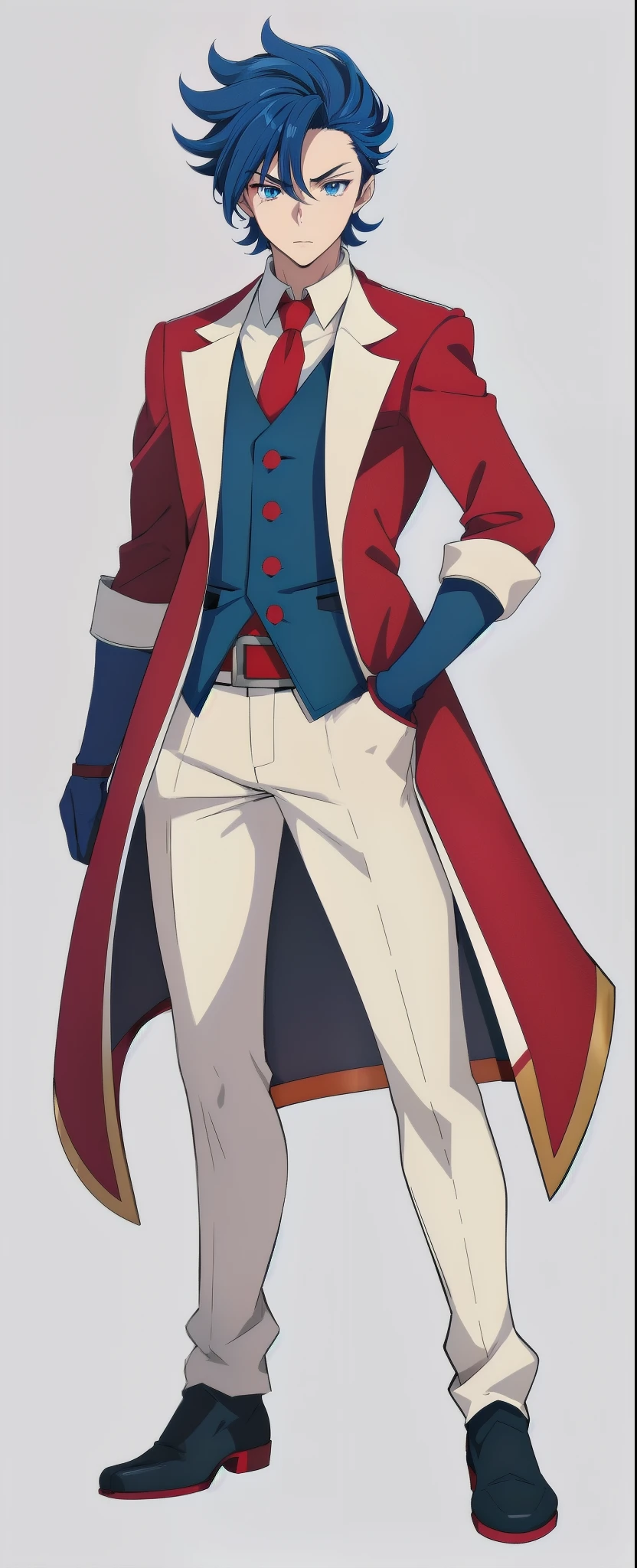 anime boy, dark blue hair, blue eyes, red suit, red coat, white sleeves, simple grey background, (beautiful and aesthetic:1. 5), thick black lineart, clean lineart, perfect lineart, sharp lineart, best quality, high quality, best quality, ultra-detailed, HD, beautiful lighting, 