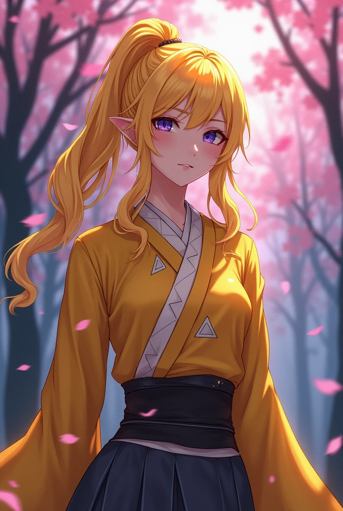 A woman with the anime style of Demon Slayer, Yellow hair, demon slayer uniform But with a yellow haori with white triangles