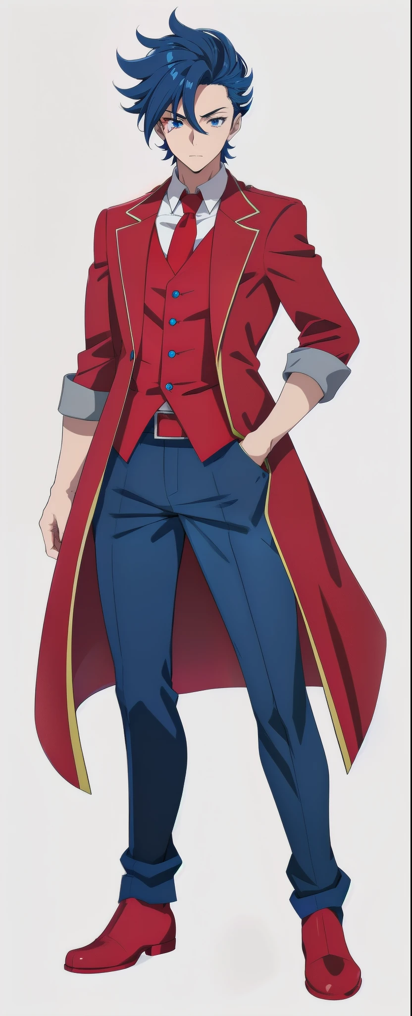 anime boy, dark blue hair, blue eyes, red suit, red coat, white sleeves, simple grey background, (beautiful and aesthetic:1. 5), thick black lineart, clean lineart, perfect lineart, sharp lineart, best quality, high quality, best quality, ultra-detailed, HD, beautiful lighting,