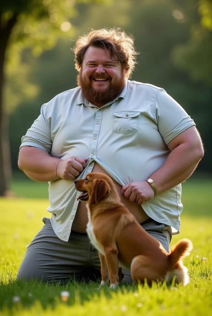 Fully naked chubby man getting stripped by a dog