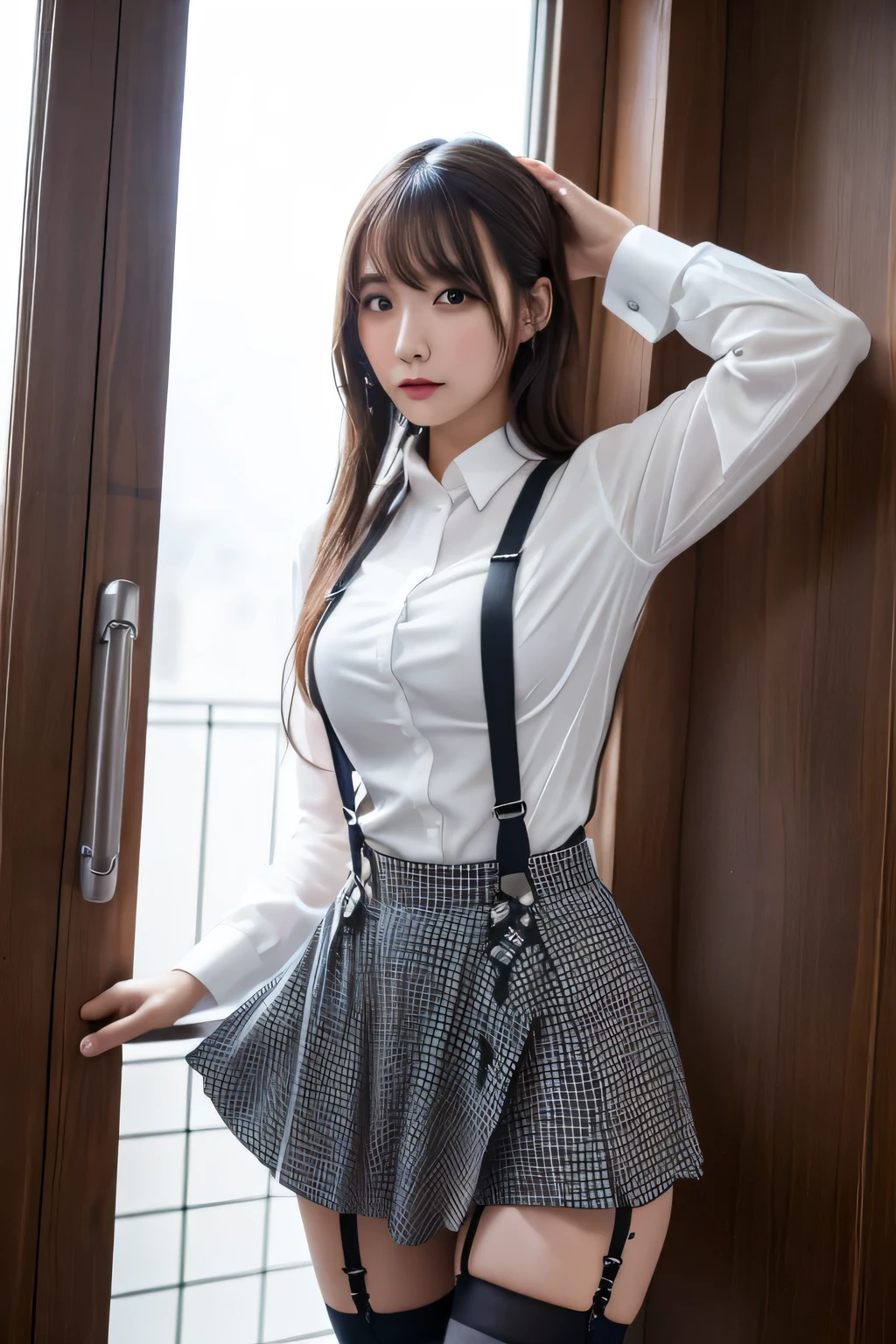 1 female, , high quality, masterpiece, Ultra-high resolution, Cinema Lighting, 1 female, , high quality, masterpiece, Ultra-high resolution, , Cinema Lighting, suspenders Moderate Small face Looking up Sweat Thin belt buzzer 脇Sweat garter belt Belt on pants holster Hands behind your back Looking up Anxious face Knee-high Knee socks Knee-highソックス garter ふとももにgarter belt Checkered mini skirt Panty skirt gap Armament holster holster Hands behind your back Anxious expression Anxious face, legs apart Armament Leg Holster holster See-through clothing heavy rain Rain-soaked dress shirt,Moderate breasts ガーターspenders Garter on the thigh Checkered mini skirt Looking up Pause belt Armpit sweat Hands behind back Raise your hands