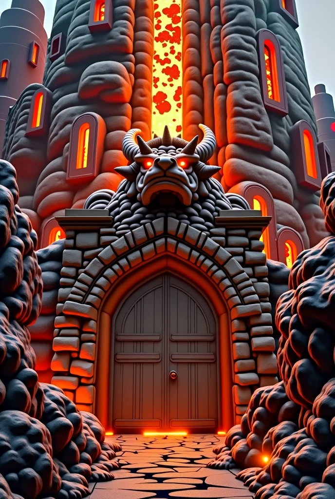 a tall tower made of magma-like rocks, reflecting shades of orange and red. a bridge passes the entrance, which passes over a rock formation with gaps that shine, there is a stone head of a dragon above the door, with glowing eyes, above the door the symbol of fire, the large dark wooden door . the tower has large windows and several floors, it is almost like a medieval castle.