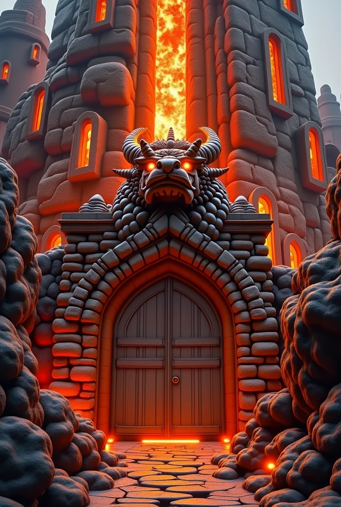 a tall tower made of magma-like rocks, reflecting shades of orange and red. a bridge passes the entrance, which passes over a rock formation with gaps that shine, there is a stone head of a dragon above the door, with glowing eyes, above the door the symbol of fire, the large dark wooden door . the tower has large windows and several floors, it is almost like a medieval castle.