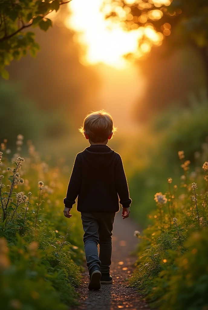 A boy walking down a green path towards the sunrise, wearing a black sweater and smoke-colored hair. 