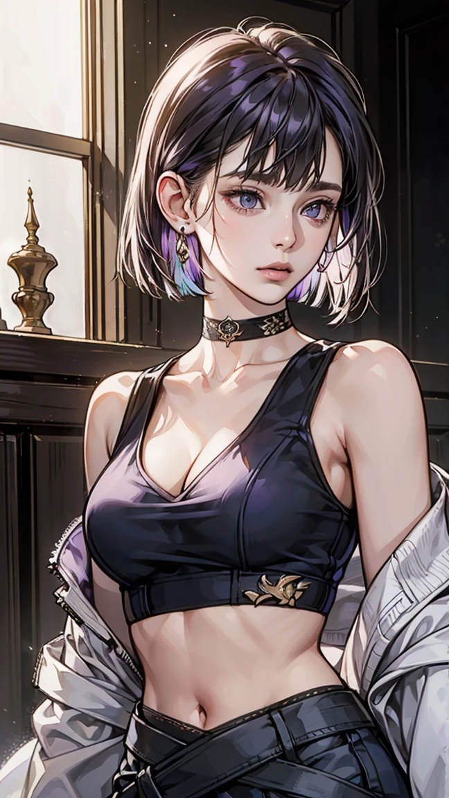 (((Masterpiece))), (((Best Quality))),Ultra High Resolution, Caustics, Detailed, (Beautiful Detailed Eyes),Perfect Anatomy, nsfw, (1 girl), intricate details, chromatic aberration), (realistic), (skin), ((breathe)), (purple multicolor hair, bob cut, dull bangs, hair cover one eye), fine hair, blue highlights, small earrings, clear eyes, purple eyes, choker, ((black crop top, thin material, mini skirt)), open waist, (symmetrical eyes), (perfect symmetrical body), night, (((Natural light))), Backlight, dim lighting ,look at the audience, (((center shot, From before, face and waist))), (big breasts), cleavage, long thin material sleeves, ponytail with two wisps front, sexy cloth