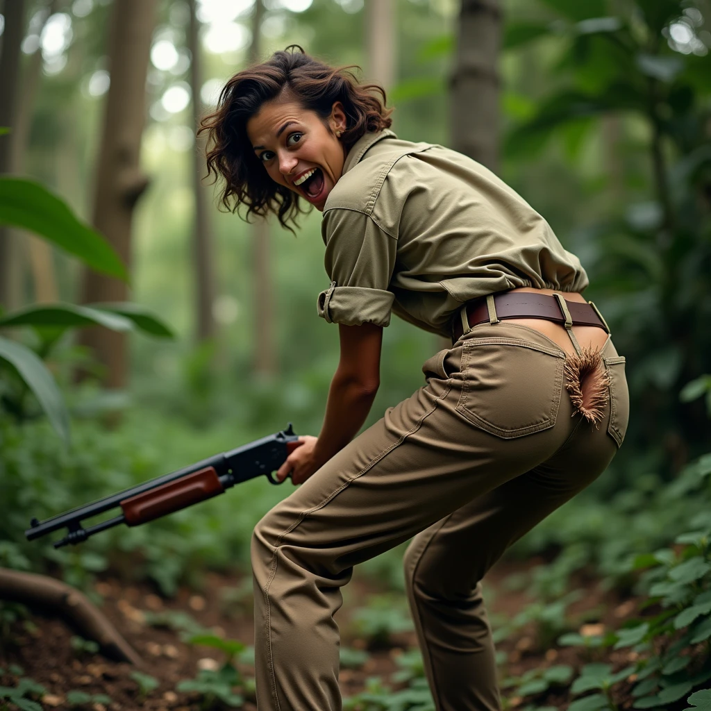 Is in 1940 ,  Face of painfull , Close-up , 1girl solo , She has long pants and a hunter's shirt , close-up , We see her from behind and in profile too. , Beautiful girl of 20 years old, she is a poacher, she has a big butt, she is in the middle of the jungle with the rifle in her hand, she is Bent over looking back with a scare face and a lot of pain, she screams, He opens a lot of mouth and opens very much eyes to the fullest, in his tight pants we see a great hole at the butt , a great hole is seen in his Pants in butt área , and part of her buttocks are at sight with severe damage py a shotgun blast , All this is in a comedy Slapstick tone, it simply has to be funny. HD 4K, cinematic