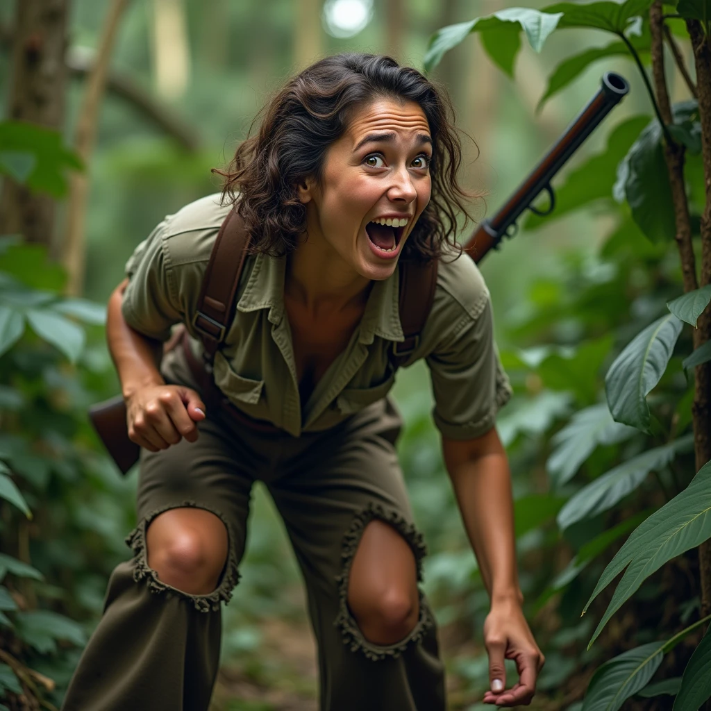 Is in 1940 , Face of painfull , Close-up , 1girl solo , She has long pants and a hunter's shirt , close-up , We see her from behind and in profile too. , Beautiful girl of 20 years old, she is a poacher, she has a big butt, she is in the middle of the jungle with the rifle in her hand, she is Bent over looking back with a scare face and a lot of pain, she screams, He opens a lot of mouth and opens very much eyes to the fullest, in his tight pants we see a great hole at the butt , a great hole is seen in his Pants in butt área , and part of her buttocks are at sight with severe damage py a shotgun blast , All this is in a comedy Slapstick tone, it simply has to be funny. HD 4K, cinematic