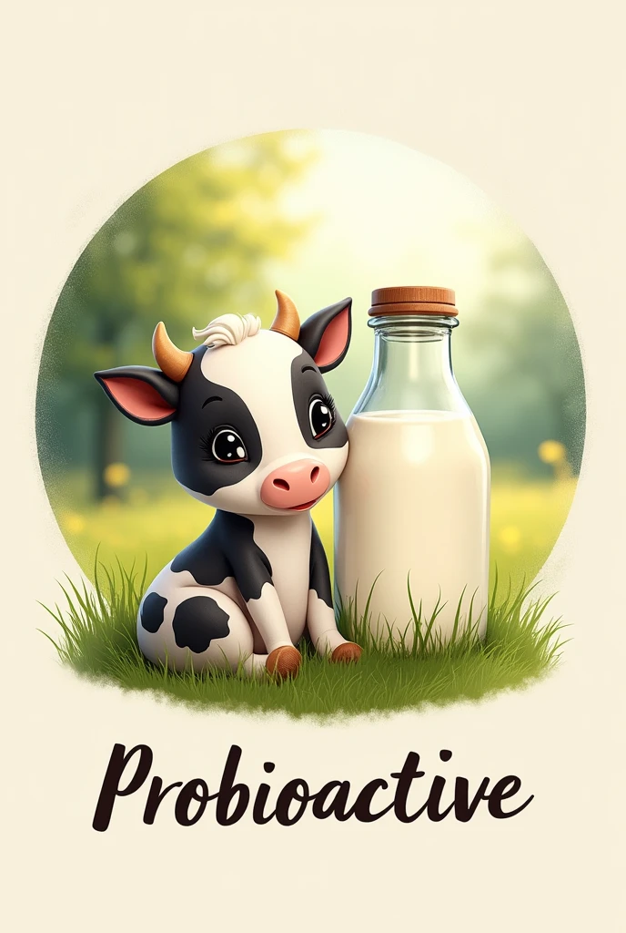 beautiful soft cow
black and white with long eyelashes sitting with a bottle of milk
The image should be round.
Below it should say Probioactive in italics