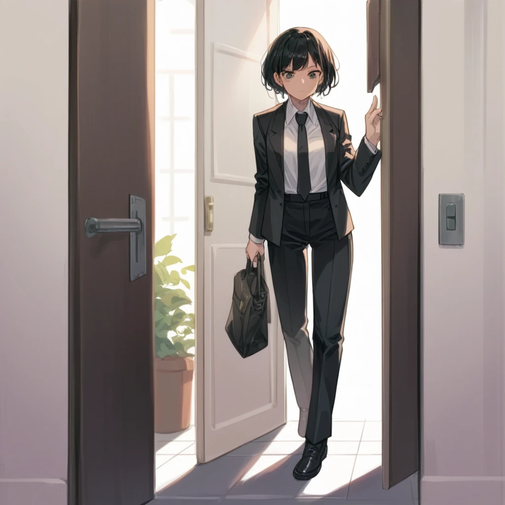 Kuudere Woman, wear a black suit, black tie and black pants, She is standing at the door.
