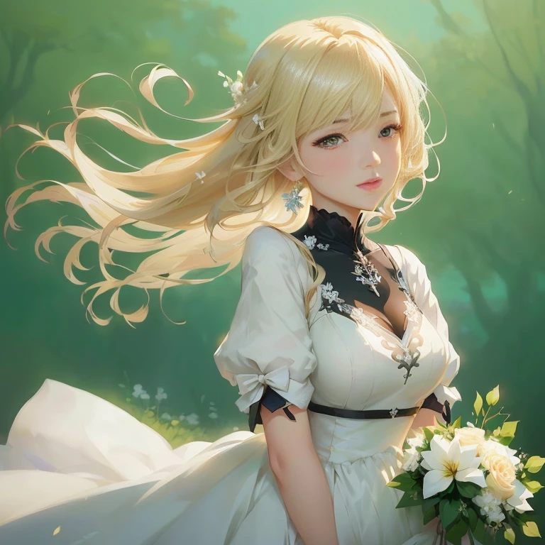 anime - style image of a woman in a white dress holding a bouquet, in dress, cushart krenz key art feminine, guweiz on pixiv artstation, violet evergarden, cute anime waifu in a nice dress, blonde - haired princess, guweiz on artstation pixiv, made with anime painter studio, beautiful anime portrait