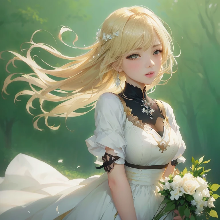 anime - style image of a woman in a white dress holding a bouquet,  in dress, cushart krenz key art feminine, guweiz on pixiv artstation, violet evergarden, cute anime waifu in a nice dress, blonde - haired princess, guweiz on artstation pixiv, made with anime painter studio, beautiful anime portrait