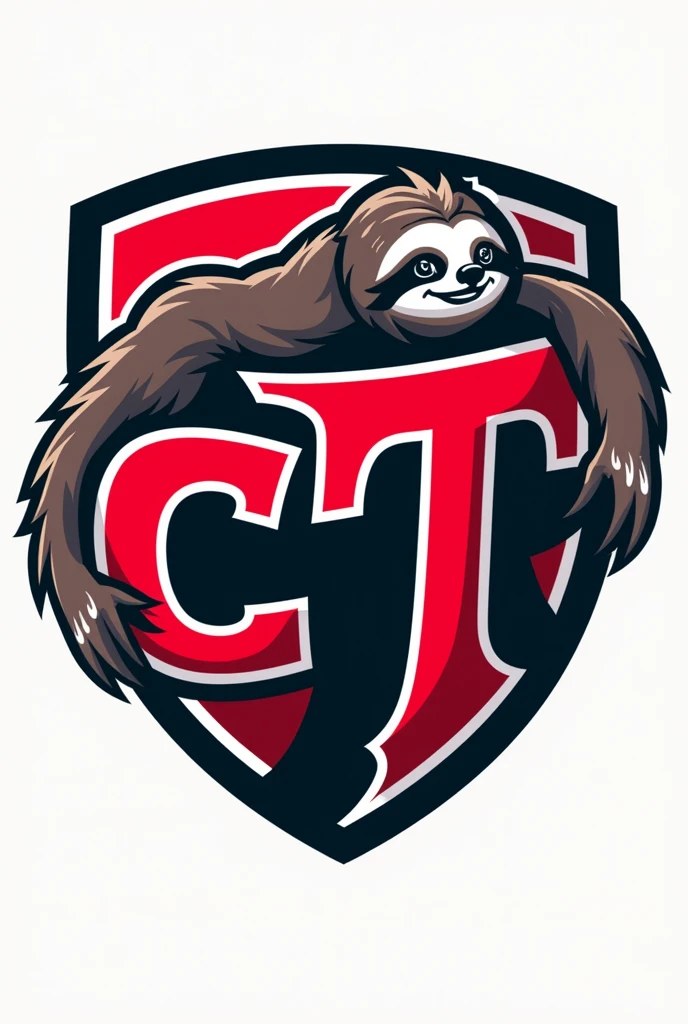 Create a logo for a soccer team with the letters CT and the colors red, black, and white, and a sloth.