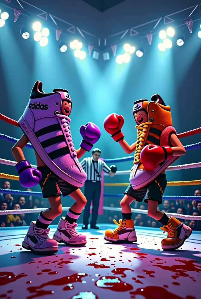 An Adidas shoe fighting a Nike shoe in a boxing ring, make it more lively in a bloody fight , with armssss, purple and sweaty eyes