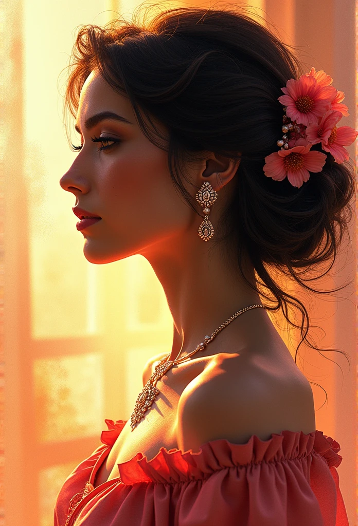 Digital art, Film quality, portrait, realistic art, Digital illustration, Vibrant colors, watercolor, oil paints, alcohol inks, combining the artistic styles of José Royo, David Hamilton, Karol Bak's, Jim Lee, Frank Miller, Luis Royo, watercolor illustration of the silhouette of an elegant Spanish woman, sketch gracefully showing feminine beauty, flowing hair, highlights on the face, earring and necklace, a flower in the hair. captures the ethereal beauty of her outfit, soft washes of watercolor blending seamlessly to represent the fluid fabric and intricate details. The sketch pose exudes a natural elegance. hyperdetailed, trends in artstation, sharp focus, studio photo, intricate details, highly detailed, by greg rutkowski, pastel photo, digital art, perfect composition, beautiful intricate details insanely detailed octane rendering trends in artstation, art photography by 8k, photorealistic concept art, soft natural volumetric cinematic perfect light, chiaroscuro, award-winning photography, masterpiece, oil on canvas, raphael, caravaggio, greg rutkowski, beeple, beksinski.