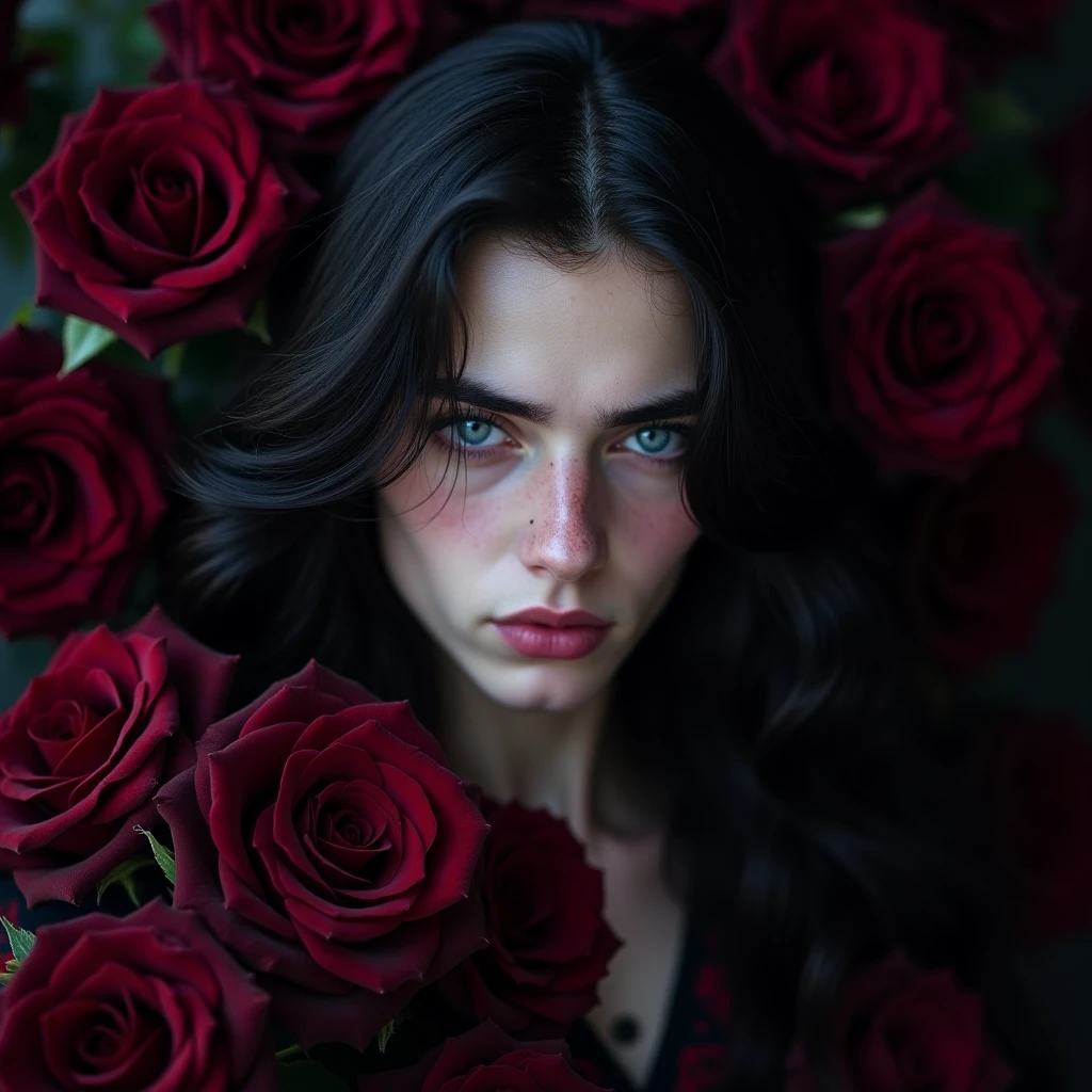 Male, sexy, long black hair, teal blue eyes, young, gothic, delicate features, no facial hair, no body hair, seductive, white and pale. Roses. Sexy pose. Purple and black. Sexy. Sexy pose. Seductive. Sensual. Mole under the eye. Full body.